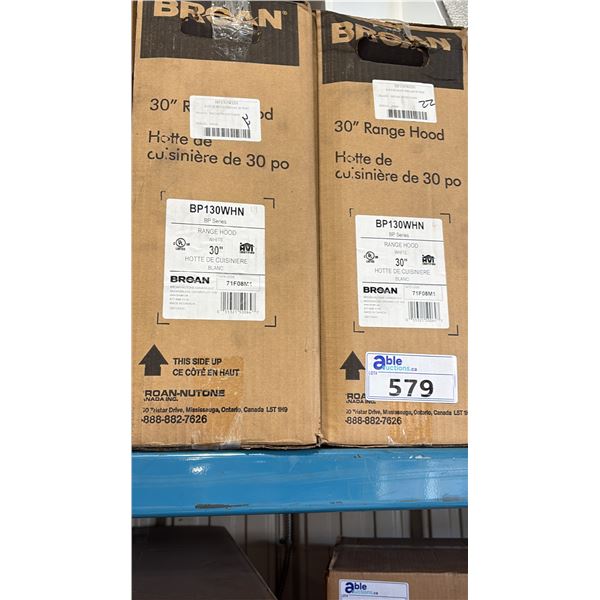 PAIR OF BROAN MODEL BP130WHN. RANGE HOOD, 30 INCH EXTERIOR WIDTH, UNDER-CABINET, HALOGEN