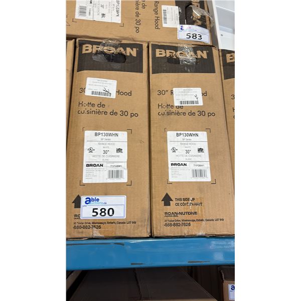 PAIR OF BROAN MODEL BP130WHN. RANGE HOOD, 30 INCH EXTERIOR WIDTH, UNDER-CABINET, HALOGEN