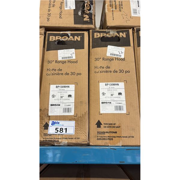 PAIR OF BROAN MODEL BP130WHN. RANGE HOOD, 30 INCH EXTERIOR WIDTH, UNDER-CABINET, HALOGEN