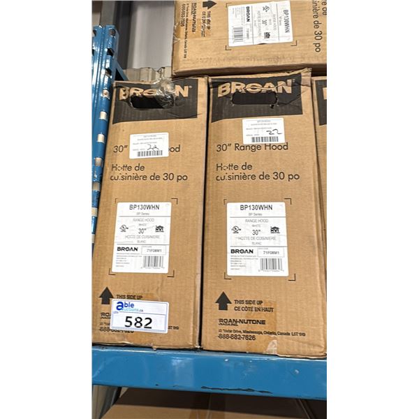 PAIR OF BROAN MODEL BP130WHN. RANGE HOOD, 30 INCH EXTERIOR WIDTH, UNDER-CABINET, HALOGEN