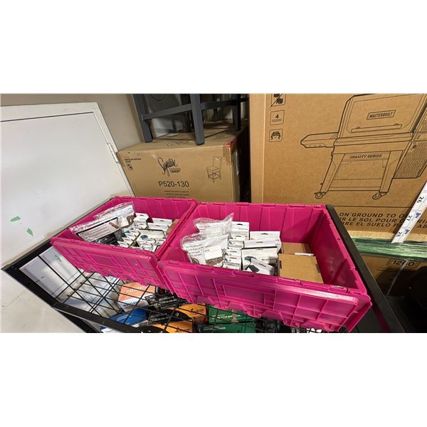 2 BINS OF ASSORTED BBQ ACCESSORIES- PELLETS, WOOD BRISTLE REPLACEMENT HEADS, BOTTLE OPENERS, GRILL