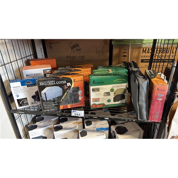 SHELF OF ASSORTED SIZES/STYLES GRILL COVERS - TRAEGER, MONTANA, NAPOLEON, MASTERBUILT