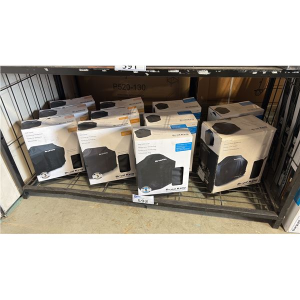 SHELF OF ASSORTED SIZES/STYLES BROIL KING GRILL COVERS