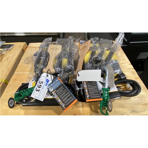 GROUP OF ASSORTED BBQ ACCESSORIES- PROPANE ADAPTOR HOSE, WOOD SCRAPER PADDLES, COOKING TONGS,