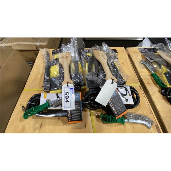 GROUP OF ASSORTED BBQ ACCESSORIES- PROPANE ADAPTOR HOSE, WOOD SCRAPER PADDLES, COOKING TONGS,