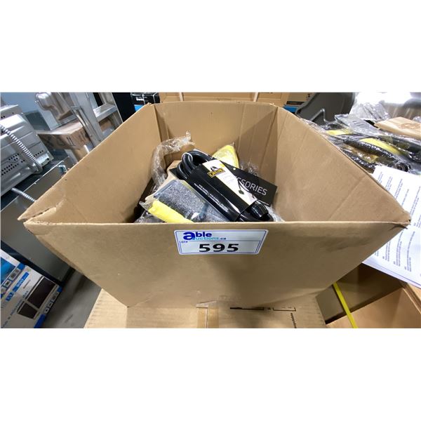 BOX OF ASSORTED BBQ ACCESSORIES- PROPANE ADAPTOR HOSE, WOOD SCRAPER PADDLES, COOKING TONGS,