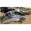 Image 5 : BOX OF ASSORTED BBQ ACCESSORIES- PROPANE ADAPTOR HOSE, WOOD SCRAPER PADDLES, COOKING TONGS,