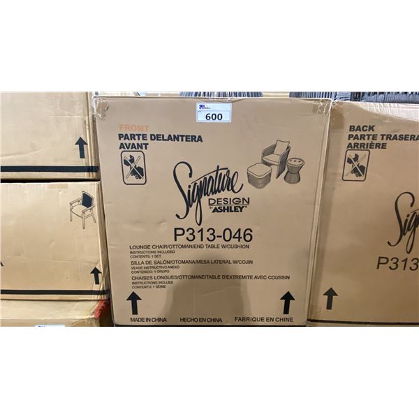 SIGNATURE DESIGN BY ASHLEY LOUNGE CHAIR/ OTTOMAN/ END TABLE WITH CUSHIONS SET IN GREY IN BOX