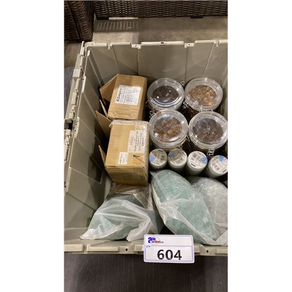 GREY FOLD TOP BIN OF ASSORTED DECORATIVE GLASS / BABY OUTFIT *BIN INCLUDED*