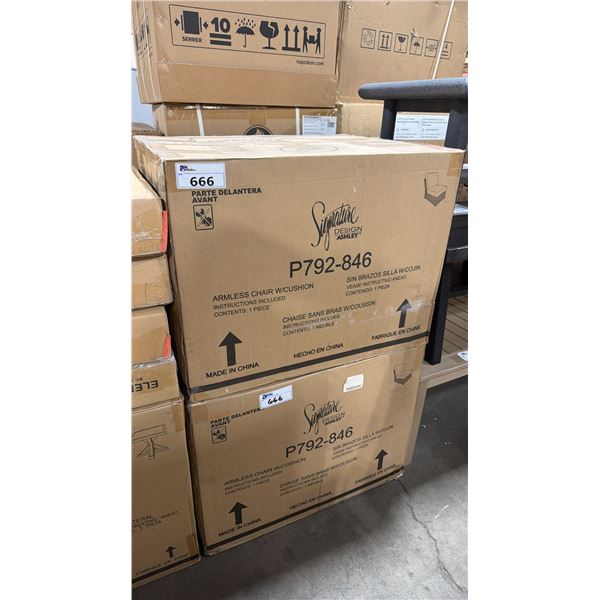 PAIR OF ASHLEY SIGNATURE DESIGN MODEL P792-846 OUTDOOR PATIO ARMLESS CHAIRS WITH CUSHION *IN BOX, 2