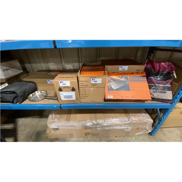 TRAEGER PELLET GRILL ASSORTED PARTS. FULL LENGTH GRILL COVER, DRIP TRAY LINER, FISH AND VEGGIE STAIN