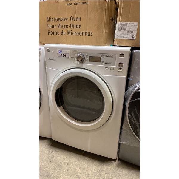 GE MODEL GFD40ESMMWW. DRYER, VENTED, 6 DRY CYCLES, 4 TEMPERATURE SETTINGS, STACKABLE, WHITE COLOUR