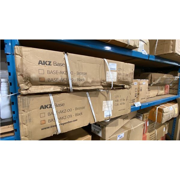 SHELF OF ASSORTED UMBRELLA BASES & BLAZE NATURAL GAS POWER BURNER