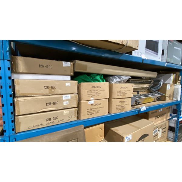 SHELF OF ASSORTED FIREPLACE MEDIA ACCESSORIES, GLASS COVERS, OUTDOOR GRILLS PARTS/COMPONENTS