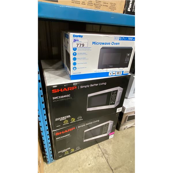 GROUP OF 3 MICROWAVE OVENS-2 SHARP MODEL SMC2264KSC. & DANBY DBMW07211BBB.