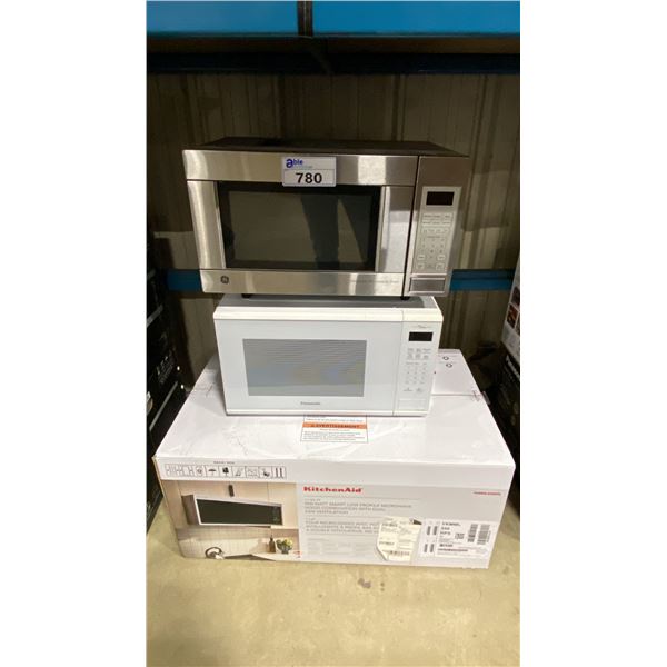 GROUP OF 3 MICROWAVE OVENS- KITCHENAID YKMML550RPS OVER THE RANGE MICROWAVE OVEN, PANASONIC