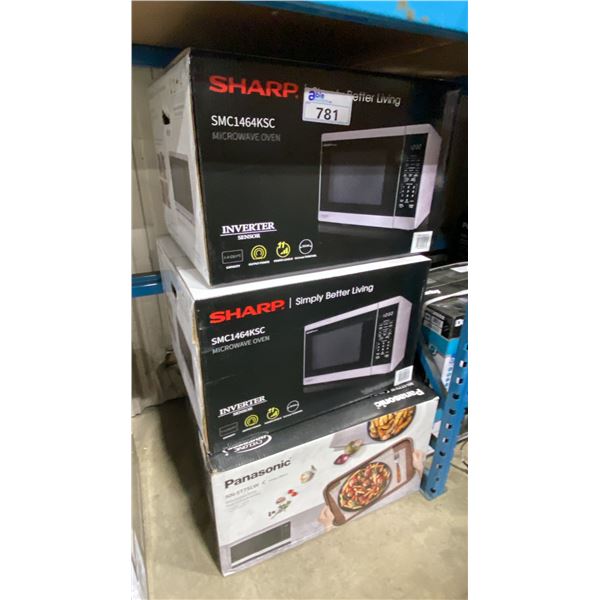 GROUP OF 3 MICROWAVE OVENS- 2 SHARP SMC1464KSC. & 1 PANASONIC NN-ST75LWC