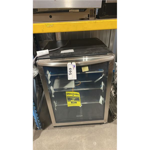 FRIGIDAIRE SINGLE DOOR GLASS FRONT STAINLESS STEEL / BLACK WINE CHILLER *MINOR DAMAGE TO UPPER BACK*