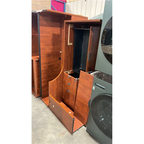 LARGE CHERRY SINGLE PEDESTAL L-SHAPED DESK WITH 2 HUTCHES & 2 DRAWER LATERAL FILE STORAGE