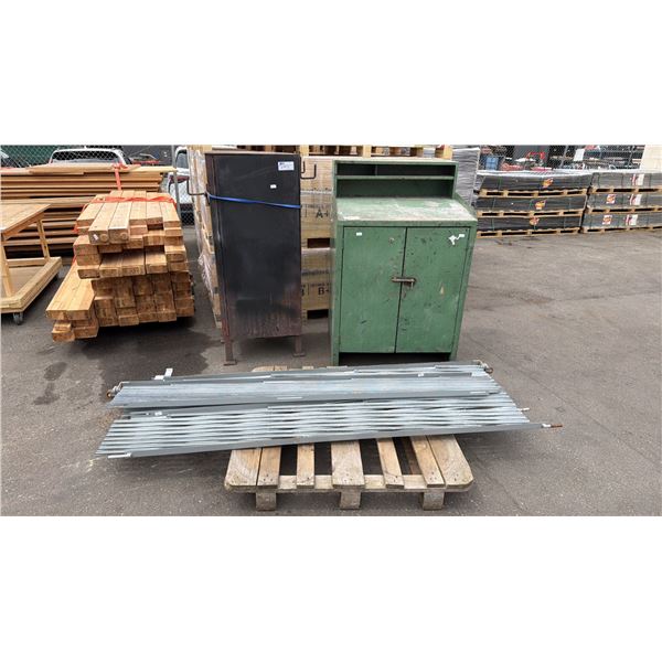 2 METAL STORAGE/SHIPPING AND RECEIVING CABINETS & A COLLAPSIBLE METAL SECURITY GATE