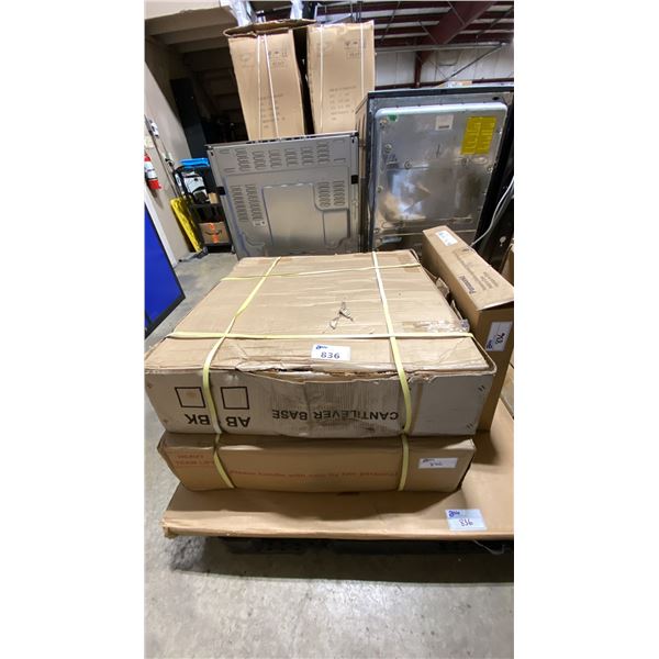 PALLET OF 2 LARGE OUTDOOR UMBRELLA STANDS, PANASONIC BUILT-IN TRIM KIT & TABLE TOP