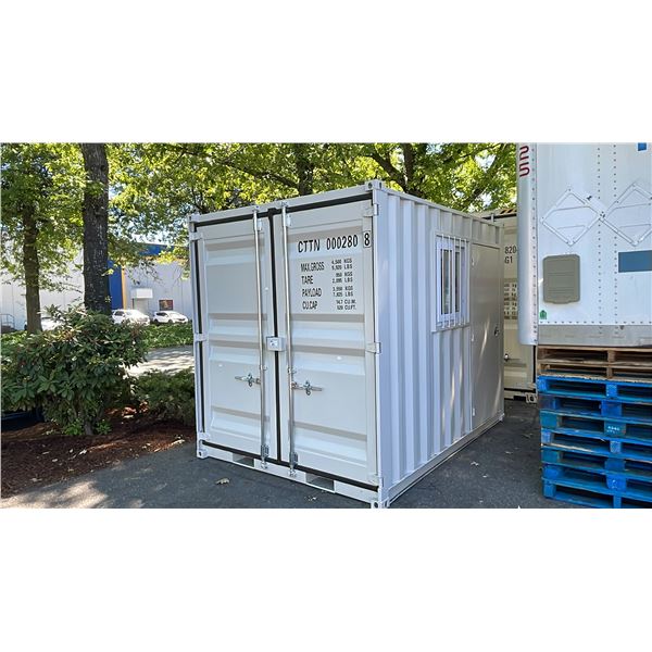 GREY 10' 9,920 LB MAX CAPACITY INDUSTRIAL TRANSPORT / OFFICE CONTAINER WITH DUAL SWING REAR DOORS