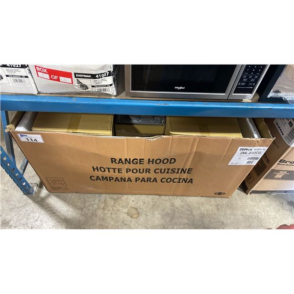 ZEPHYR MILANO IS. MODEL ZML-E42CG. 42" MODERN STAINLESS STEEL / GLASS RANGE HOOD *IN BOX*