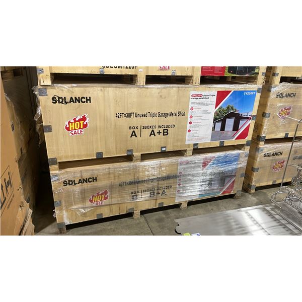 SDLANCH SDL4230TGMS 42' X 30' UNUSED TRIPLE GARAGE METAL SHED, WINE RED COLOUR *COMES IN 2
