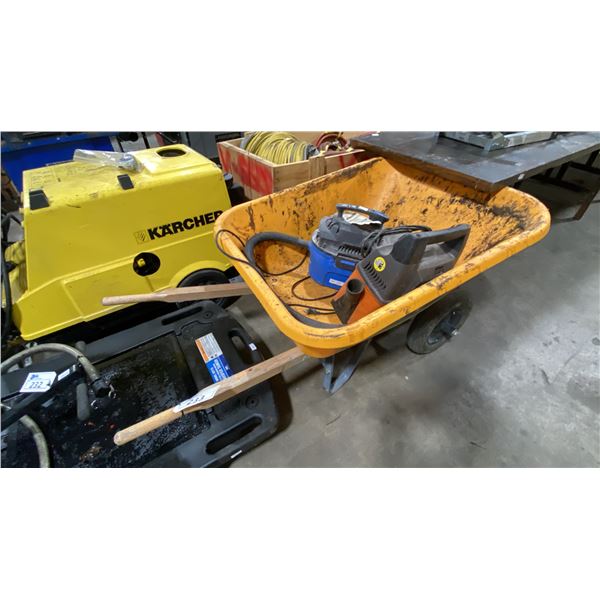 YELLOW PLASTIC WHEELBARROW WITH RIDGID SMALL 11L SHOP VAC & MASTERVAC 10L SHOP VAC