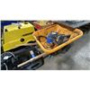 Image 1 : YELLOW PLASTIC WHEELBARROW WITH RIDGID SMALL 11L SHOP VAC & MASTERVAC 10L SHOP VAC