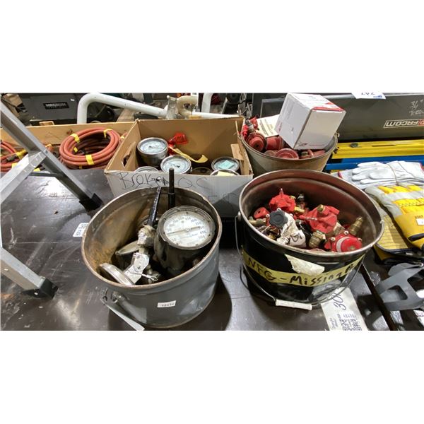 3 BUCKETS AND 1 BOX OF HIGH PRESSURE REGULATORS & GAUGES *MAY BE MISSING PARTS/PIECES*