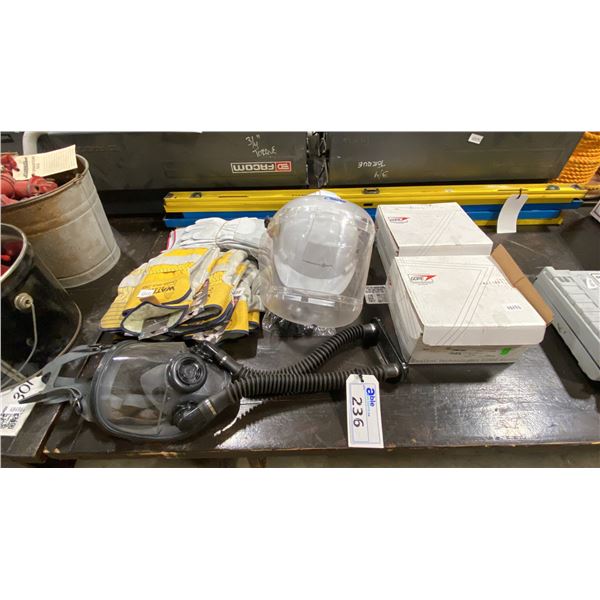 INDUSTRIAL RESPIRATION MASK, ASSORTED WORK GLOVES, 2 BOXES OF GASKET TAPE, 5 LEVELS & HARD HAT WITH