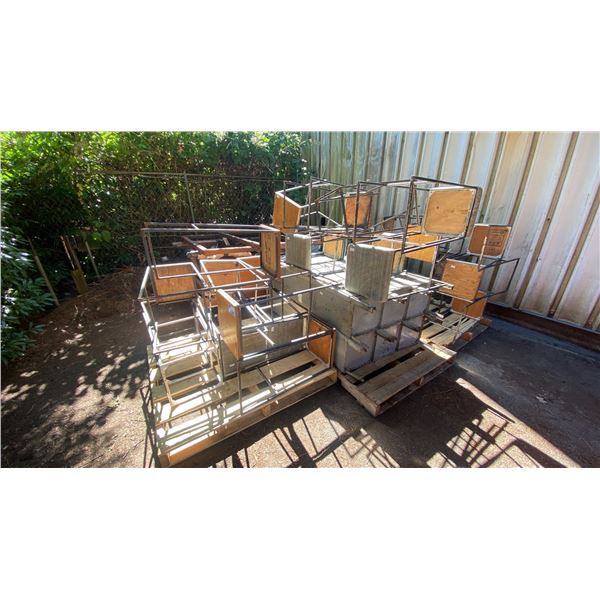 3 PALLETS OF WOOD TOP METAL FRAME STOOLS- SOME WITH PADDED TOPS & 2 BAYS OF GREY LOCKERS