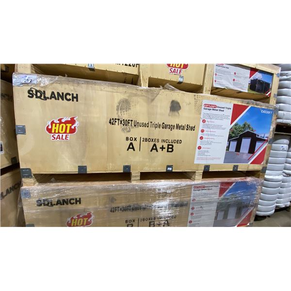 SDLANCH SDL4230TGMS 42' X 30' UNUSED TRIPLE GARAGE METAL SHED, WINE RED COLOUR *COMES IN 2