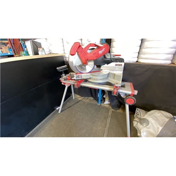 MILWAUKEE 12" SLIDING COMPOUND MITER SAW WITH FOLDING MOBILE STAND, 2 MATERIAL ROLLER ATTACHMENTS &