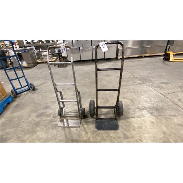 2 METAL 2 WHEEL HAND TRUCKS, 1 BLACK & 1 SILVER