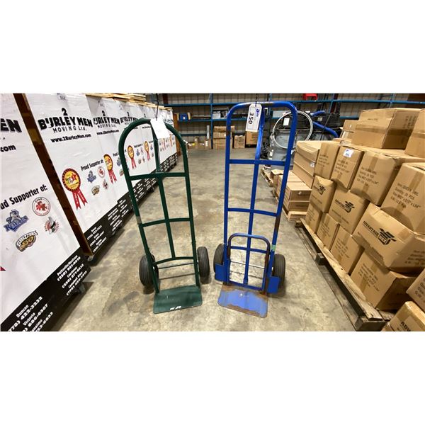 2 METAL 2 WHEEL HAND TRUCKS, 1 BLUE & 1 GREEN