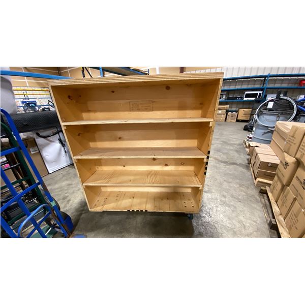 WOODEN MOBILE MULTI TIER MOVING CARTS APPROX 48"L X 24"D X 55.5"H