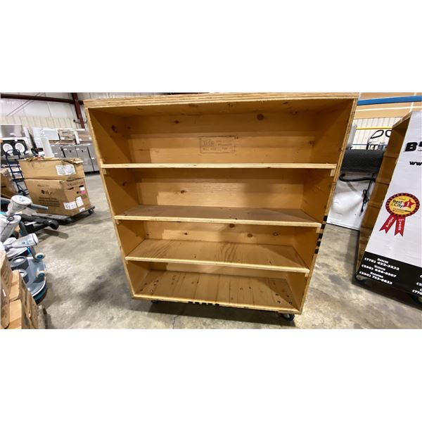 WOODEN MOBILE MULTI TIER MOVING CARTS APPROX 48"L X 24"D X 55.5"H