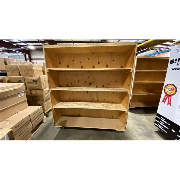 WOODEN MOBILE MULTI TIER MOVING CARTS APPROX 48"L X 24"D X 55.5"H