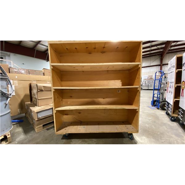 WOODEN MOBILE MULTI TIER MOVING CARTS APPROX 48"L X 24"D X 55.5"H