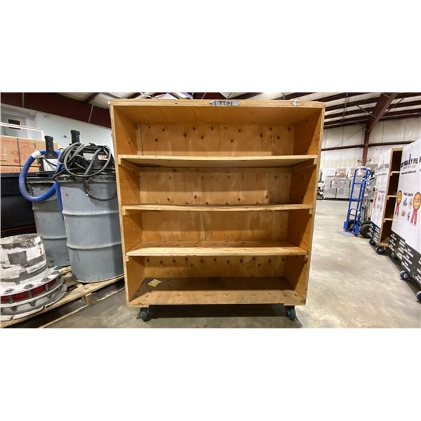 WOODEN MOBILE MULTI TIER MOVING CARTS APPROX 48"L X 24"D X 55.5"H