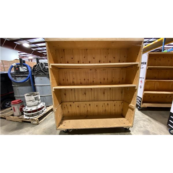 WOODEN MOBILE MULTI TIER MOVING CARTS APPROX 48"L X 24"D X 55.5"H