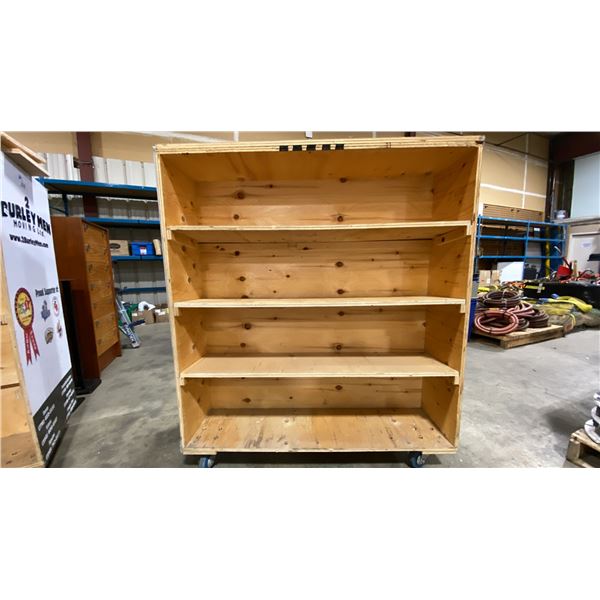 WOODEN MOBILE MULTI TIER MOVING CARTS APPROX 48"L X 24"D X 55.5"H