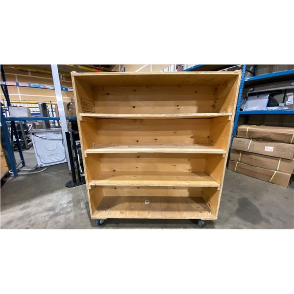 WOODEN MOBILE MULTI TIER MOVING CARTS APPROX 48"L X 24"D X 55.5"H