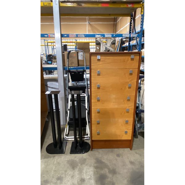GROUP OF ASSORTED FOLDING STEP LADDERS, 7 DRAWER 2 TONE DRESSER WITH SILVER KNOBS, 2 BLACK TABLE