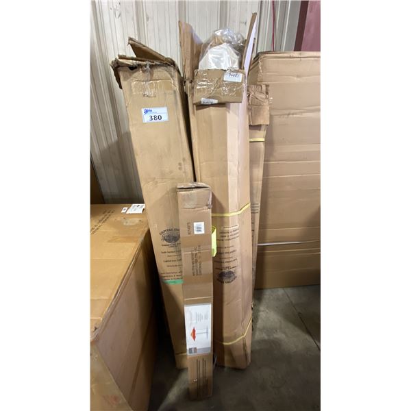 GROUP OF APPROX 12 ASSORTED OUTDOOR CANVAS PATIO UMBRELLAS & BLACK METAL MULTI UMBRELLA STAND