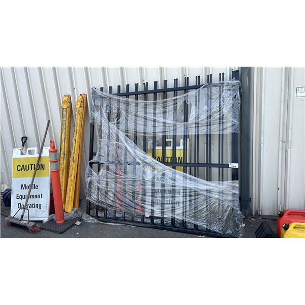 14' BLACK METAL BI-PARTING DRIVEWAY GATE *NO POLES, HINGES ATTACHED, MINOR DAMAGE*