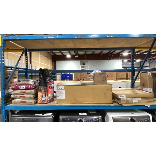SHELF OF ASSORTED TRAEGER PELLETS, FLUE EXTENSION, STACKING KIT, CONNECTION SET, GLASS BURNER