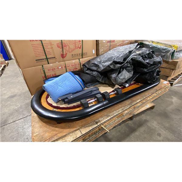 PALLET OF POKER TABLE, TARPS, FURNITURE PARTS, & SHEETS OF WOOD *MUST TAKE ALL*